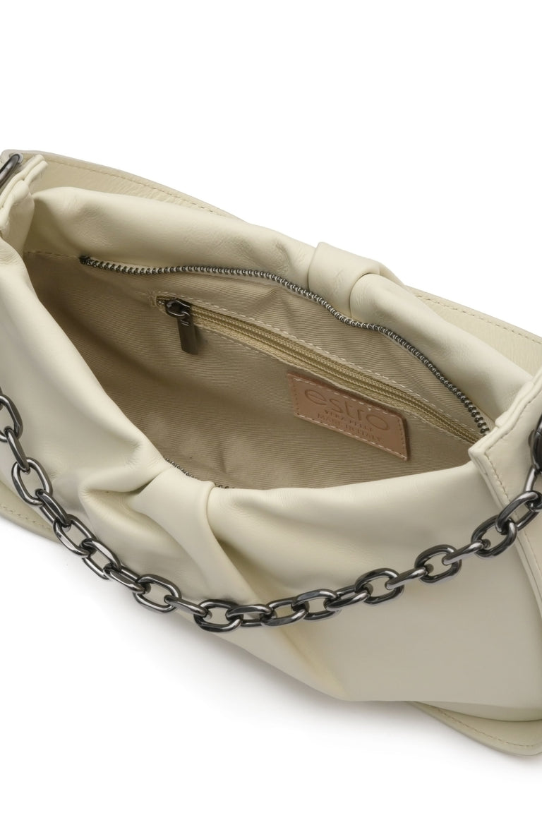 Women's white handbag by Estro with a short handle and chain strap.