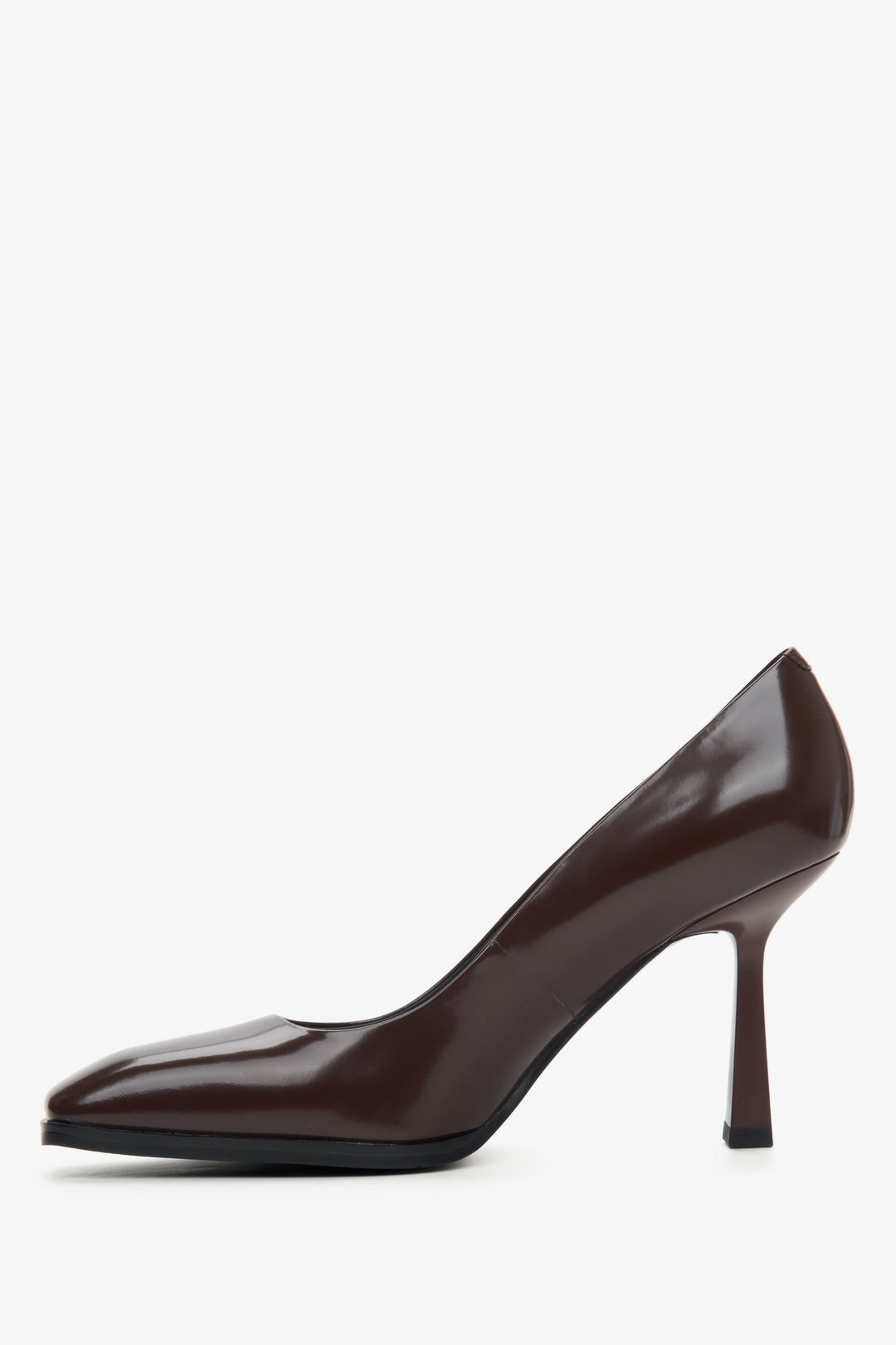 Women's dark brown leather shoes with heels - side profile of the shoe.
