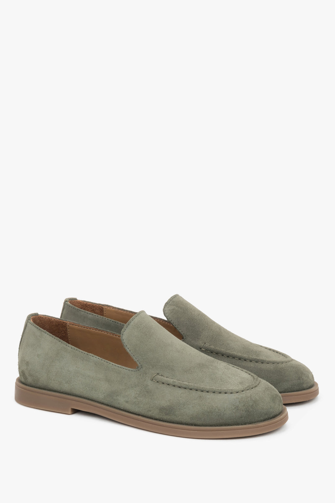 Women's olive barefoot loafers made of premium Italian genuine velour.