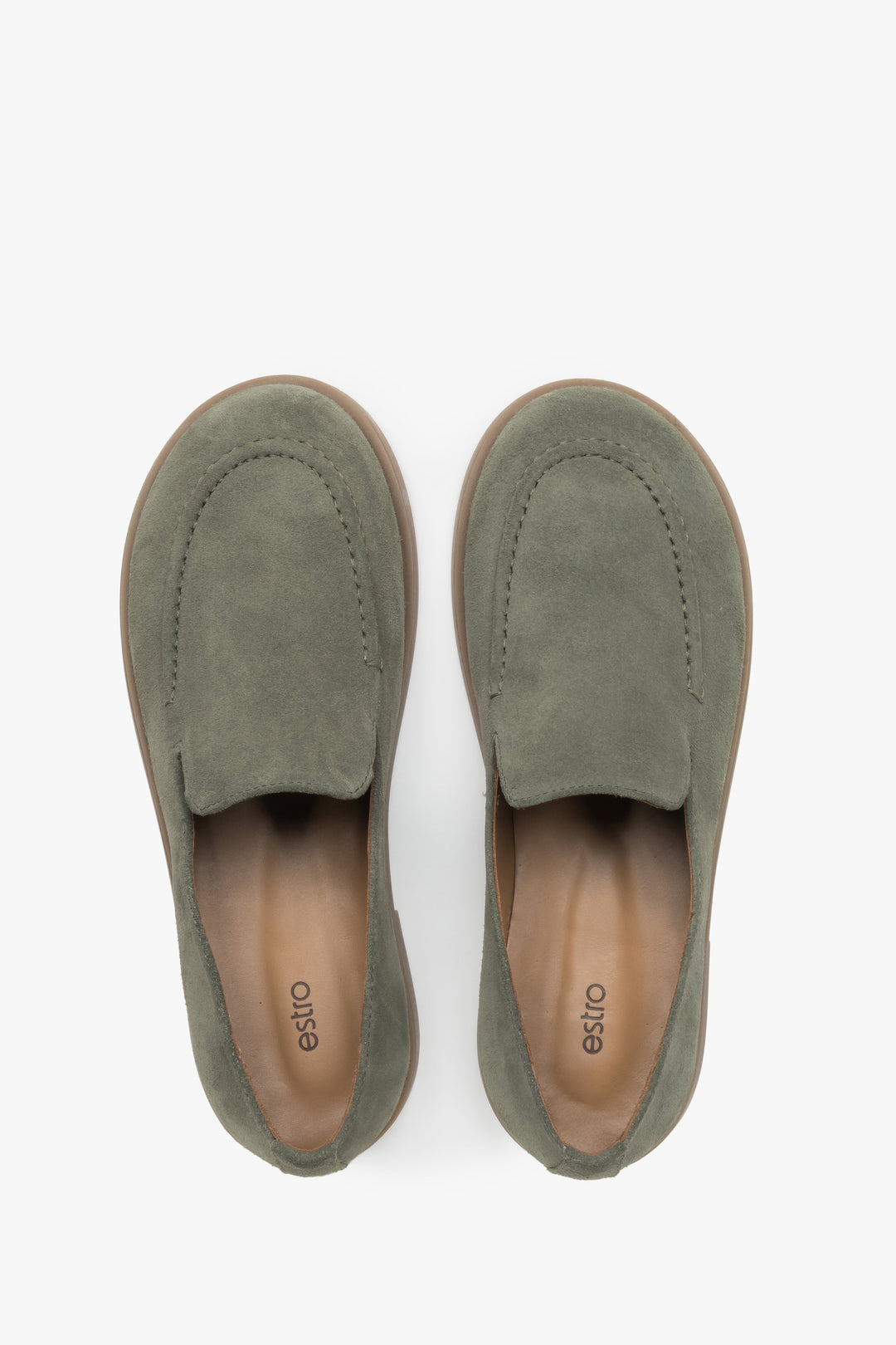 Olive barefoot loafers for women, featuring a premium upper made from genuine Italian velour.