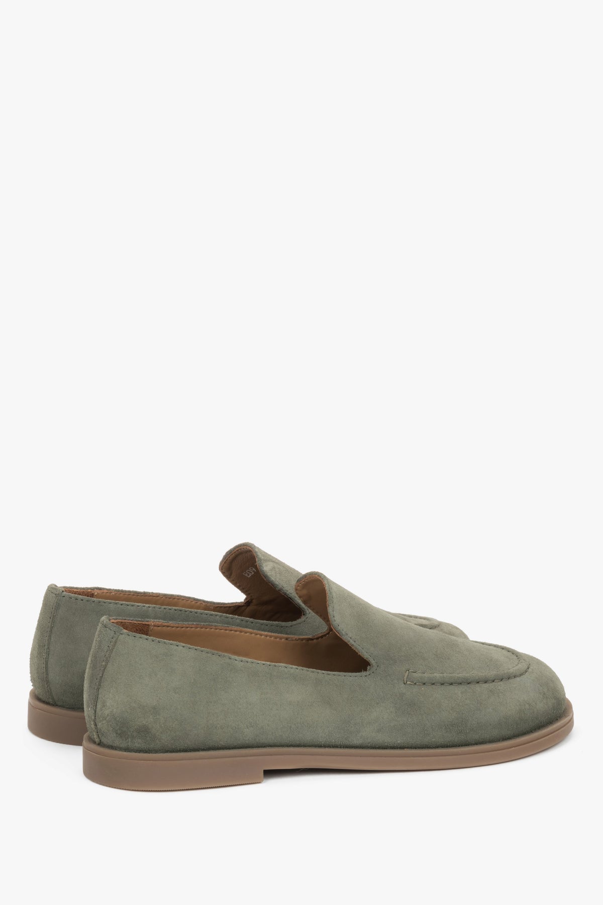 Side profile of women's olive barefoot loafers, highlighting the soft Italian velour and flexible sole.