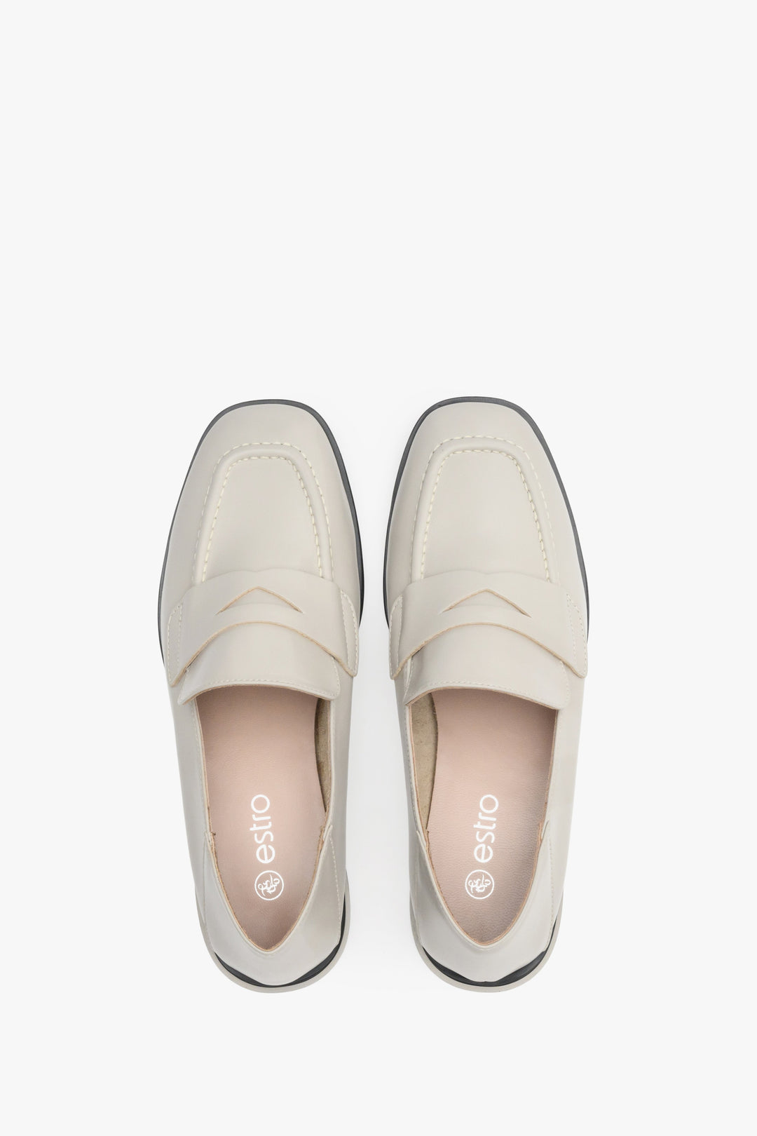 Women's beige loafers made of genuine leather by Estro - top view shoe presentation.