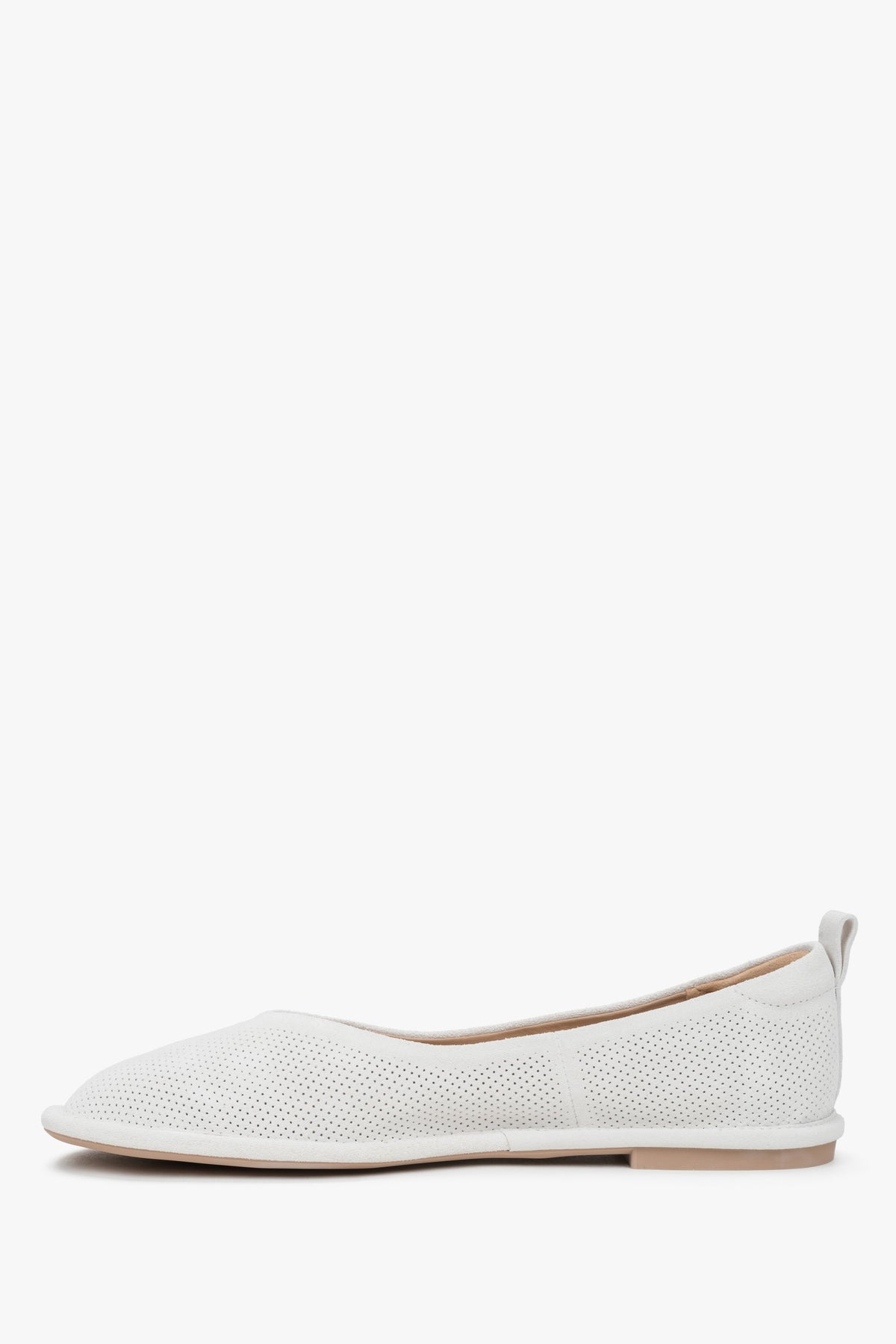 Women's white ballet flats by Estro, made of genuine perforated velour – side profile of the shoe.