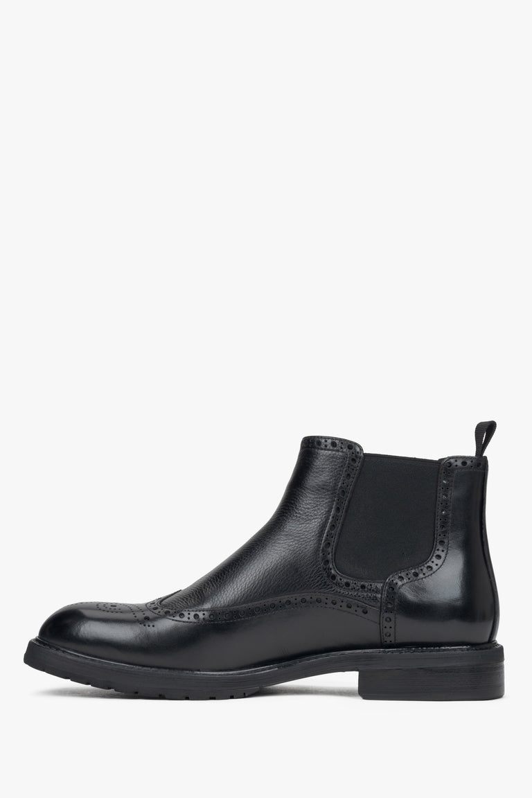 Leather Chelsea boots for men Estro in black with folk perforation - side profile.