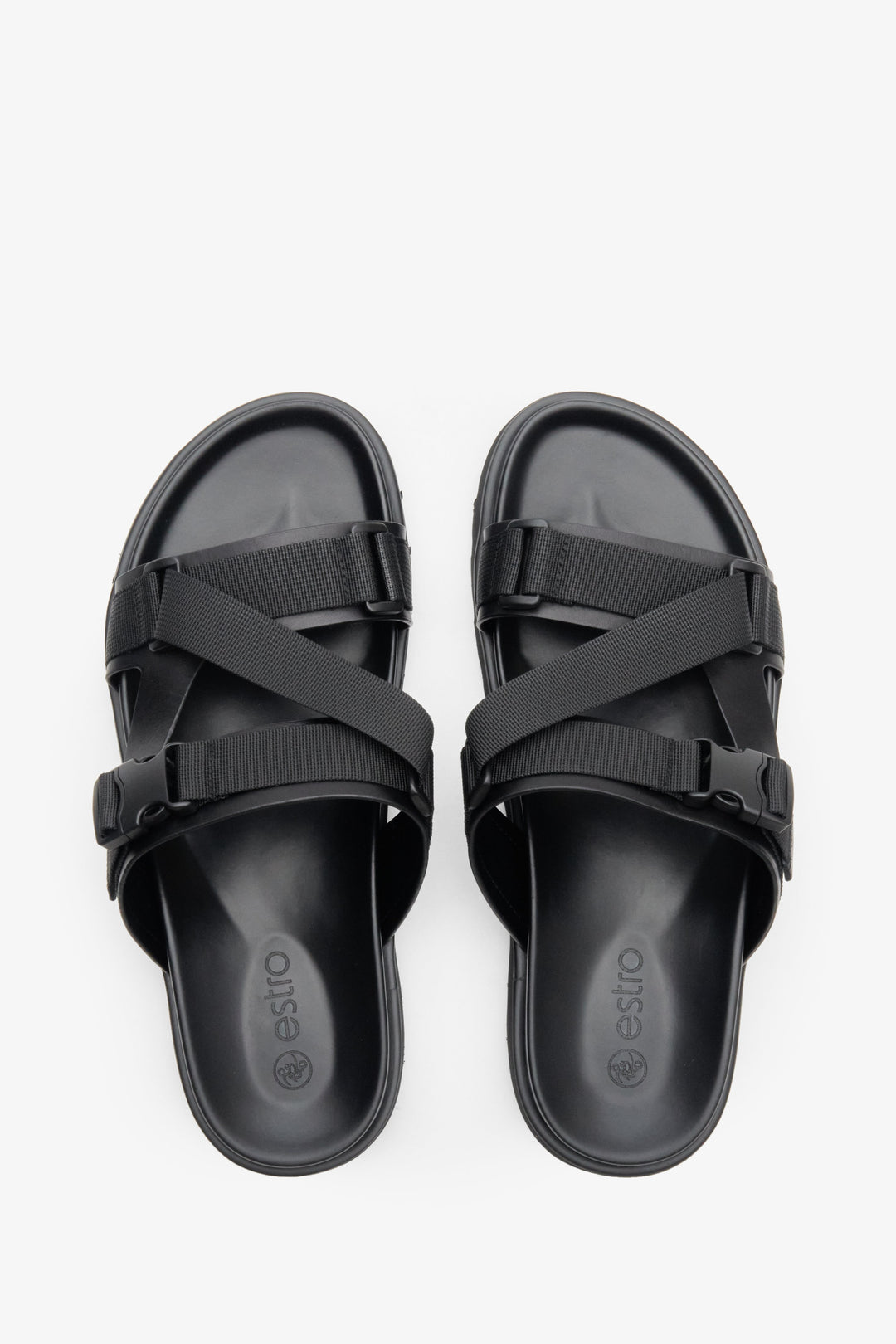 Men's black Estro leather slides made of genuine leather and textiles - top view presentation.