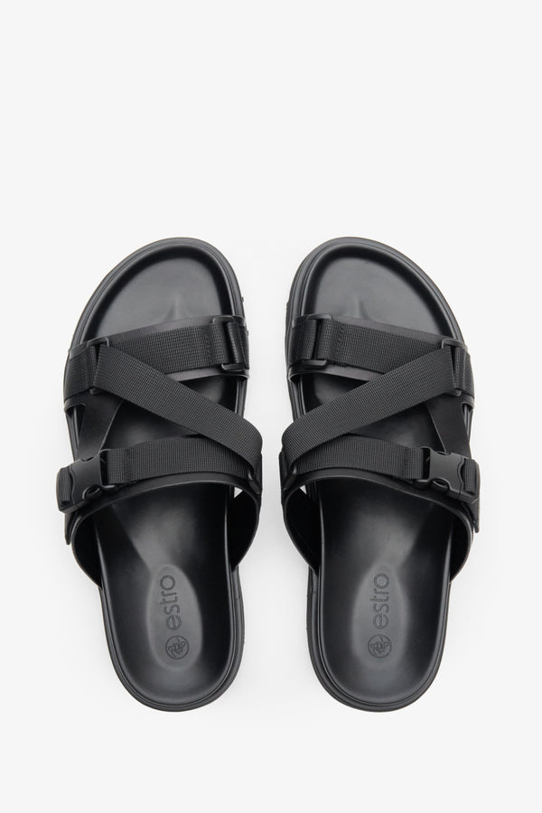 Men's black Estro leather slides made of genuine leather and textiles - top view presentation.