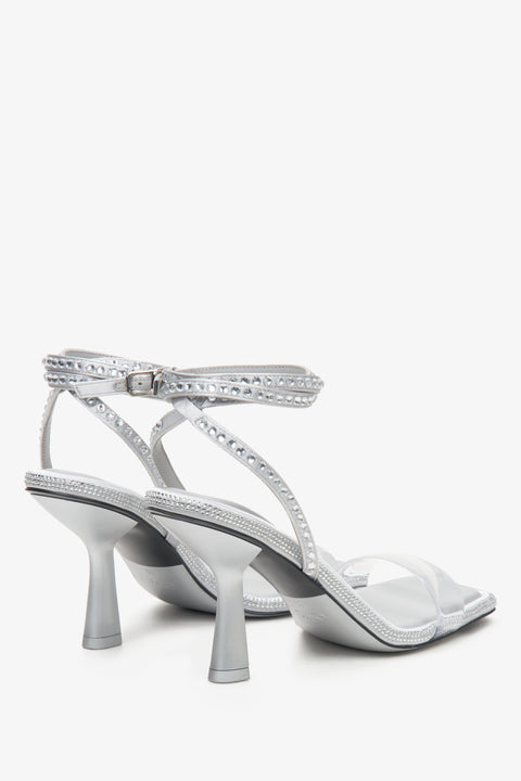 Women's silver leather heeled sandals Estro - a close-up on heels.