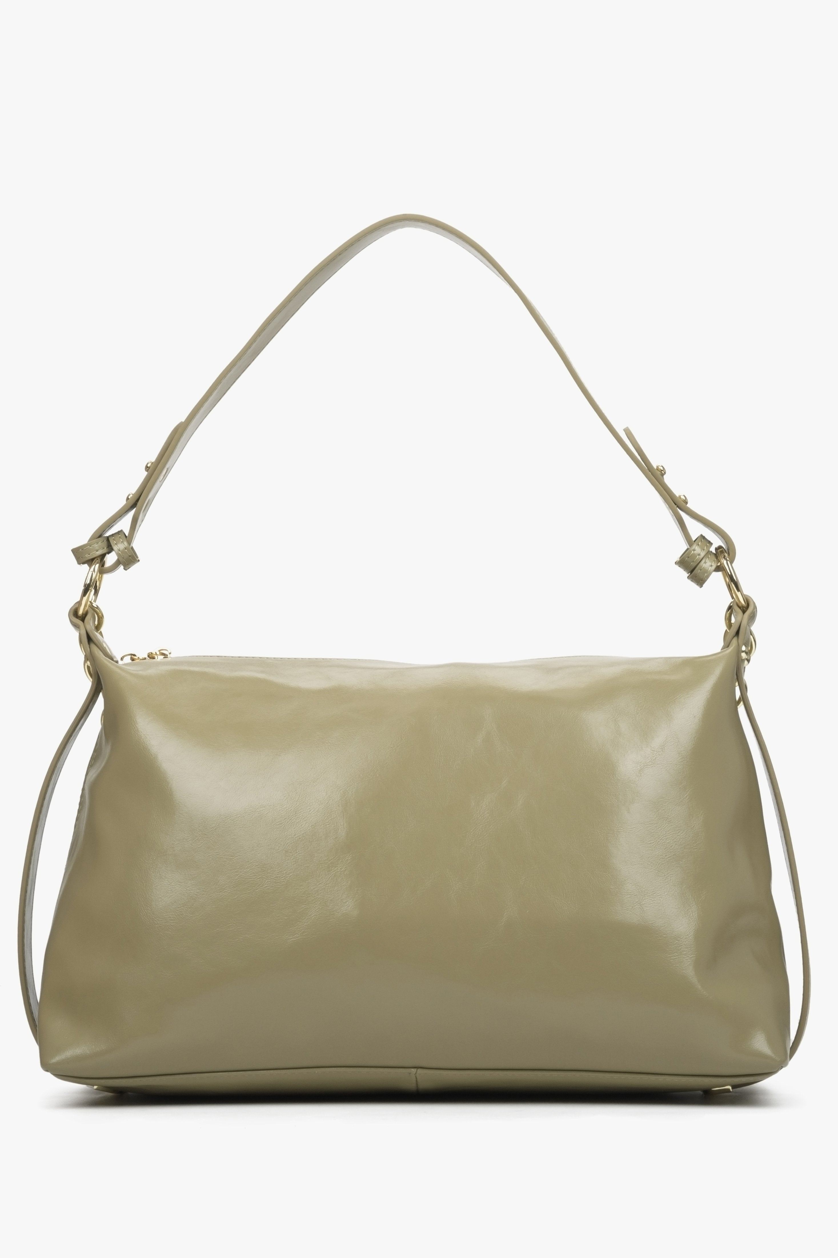 Large,women's olive handbag with decorative chain by Estro - back view of the model.