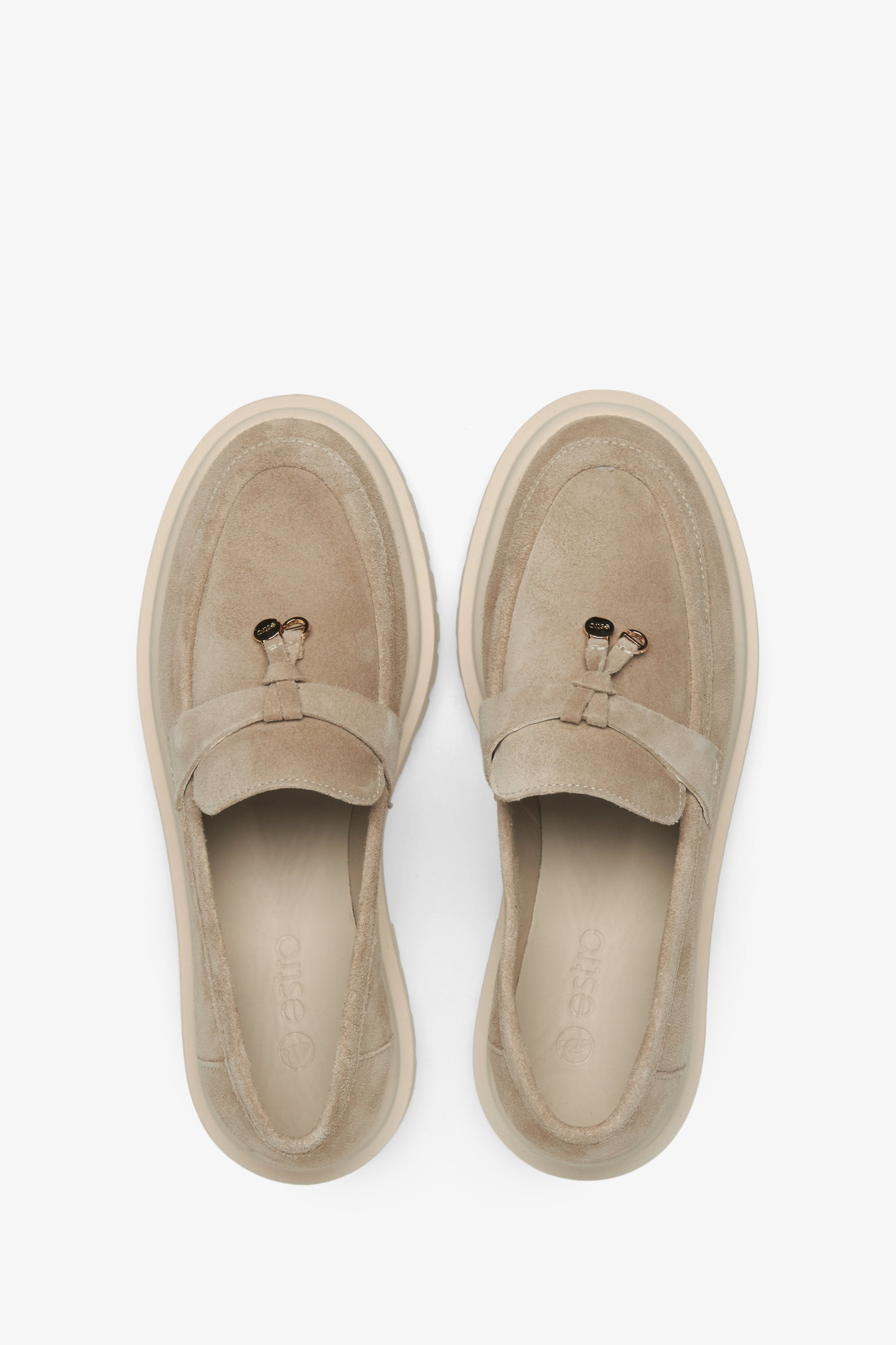 Light brown velour women's moccasins by Estro - top view presentation of the model.