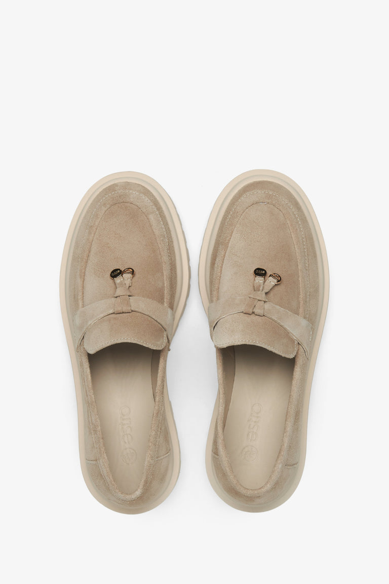 Light brown velour women's moccasins by Estro - top view presentation of the model.