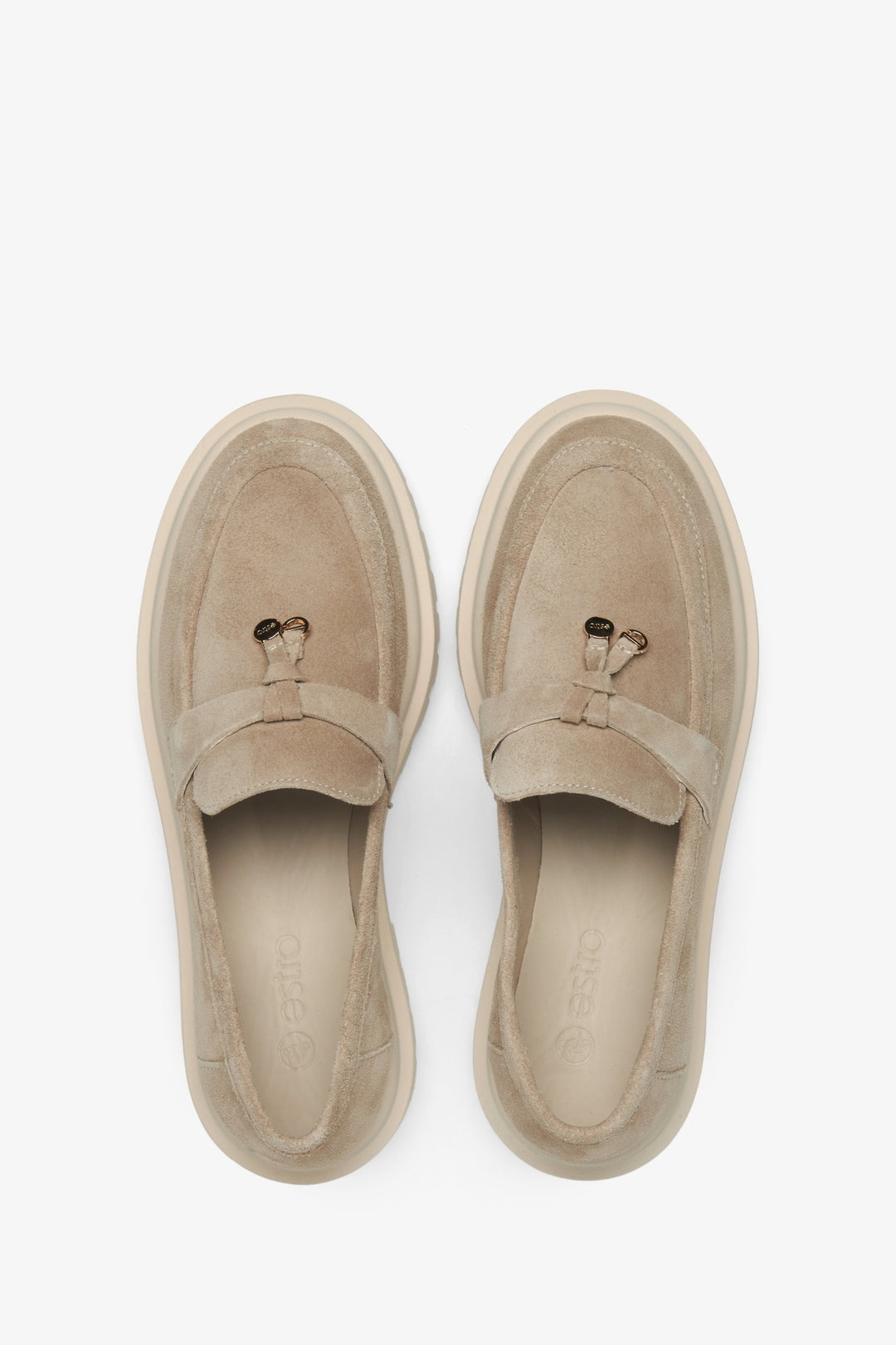 Light brown velour women's moccasins by Estro - top view presentation of the model.