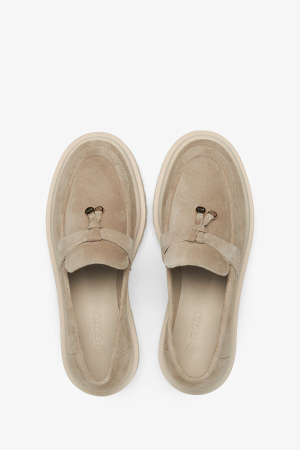 Light brown velour women's moccasins by Estro - top view presentation of the model.