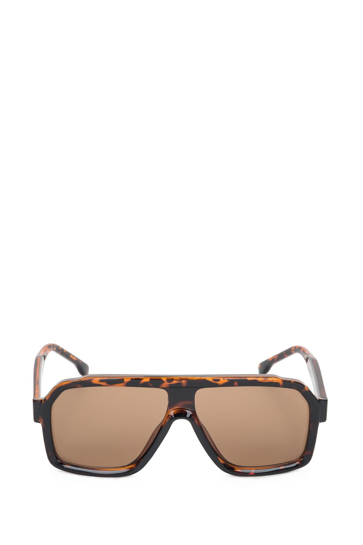 Oversized sunglasses for women, featuring a bold geometric frame in a brown tortoiseshell pattern.