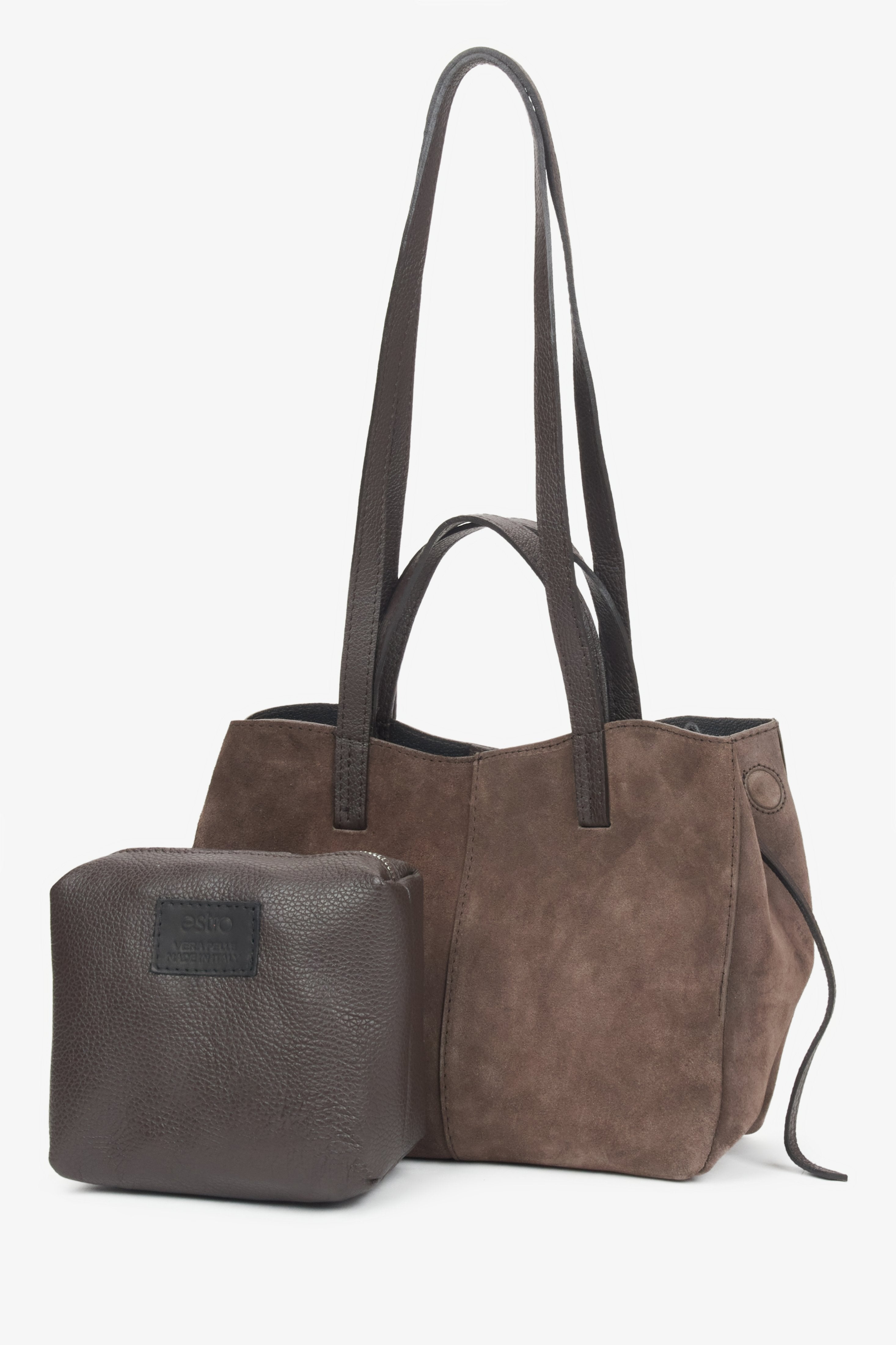 Stylish dark brown women's handbag with practical long handles, made of premium Italian natural velour, from Estro.