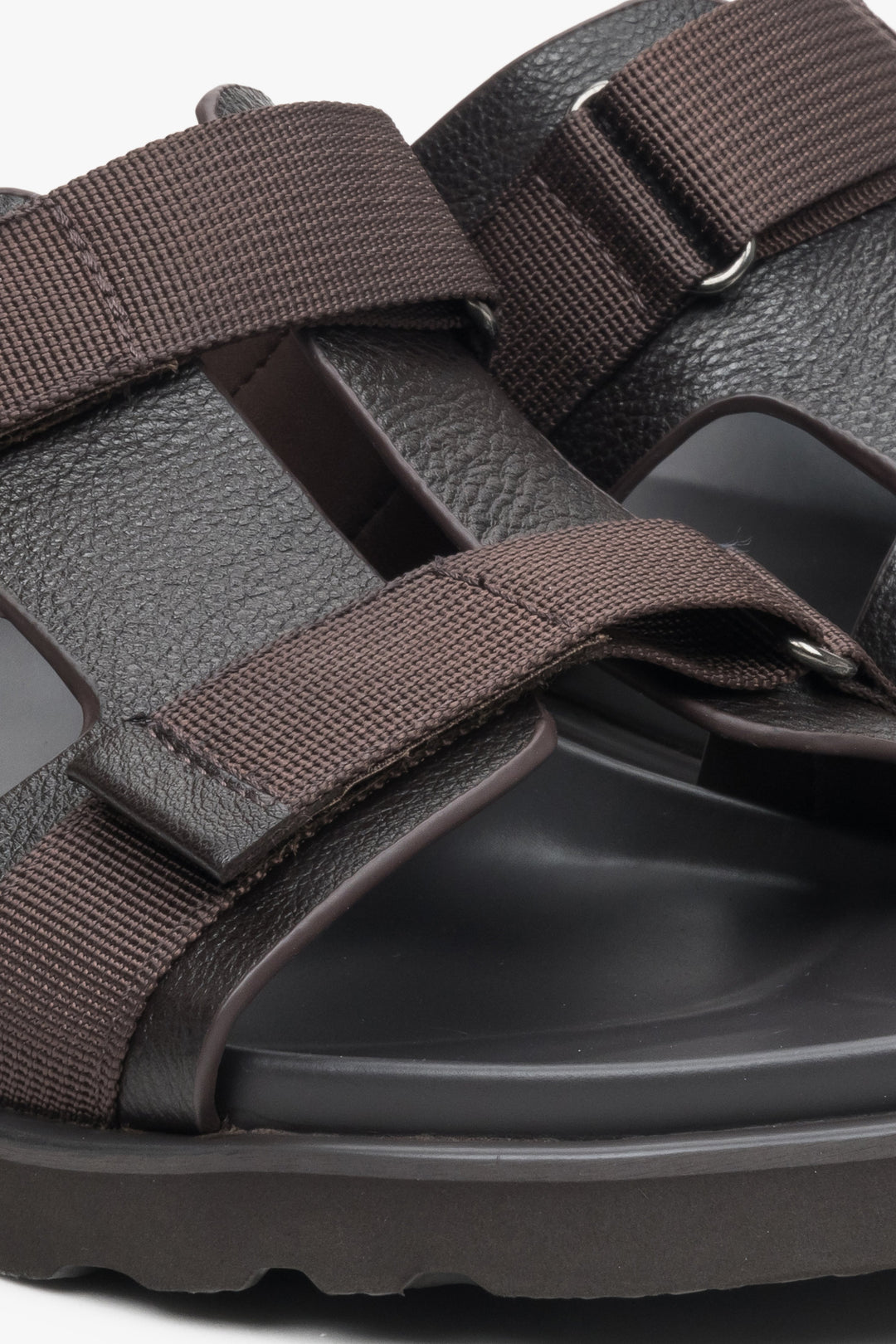 Estro men's dark brown leather sandals - close-up on the fastening system and details.