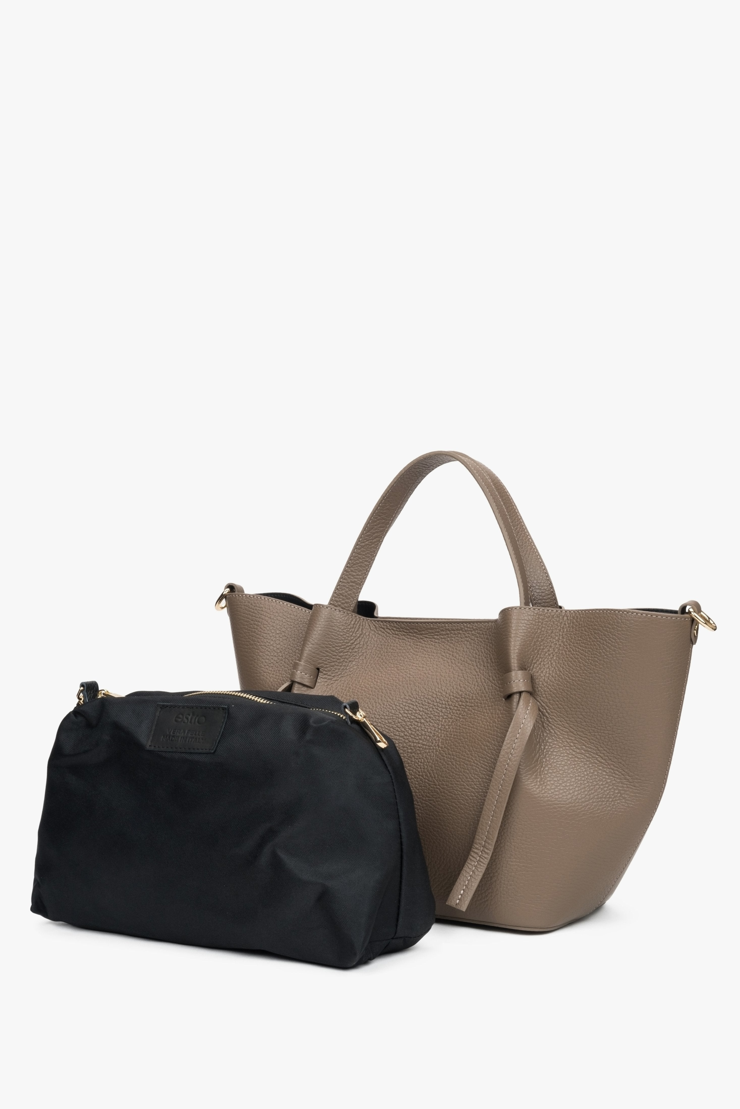 Women's brown boat-shaped handbag made of Italian genuine leather with a removable cosmetic pouch.