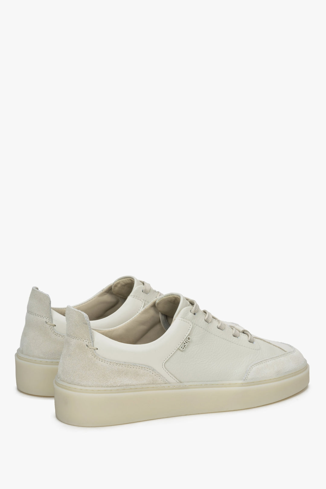 Estro women's beige leather-velour sneakers - close-up on the heel counter and side profile.