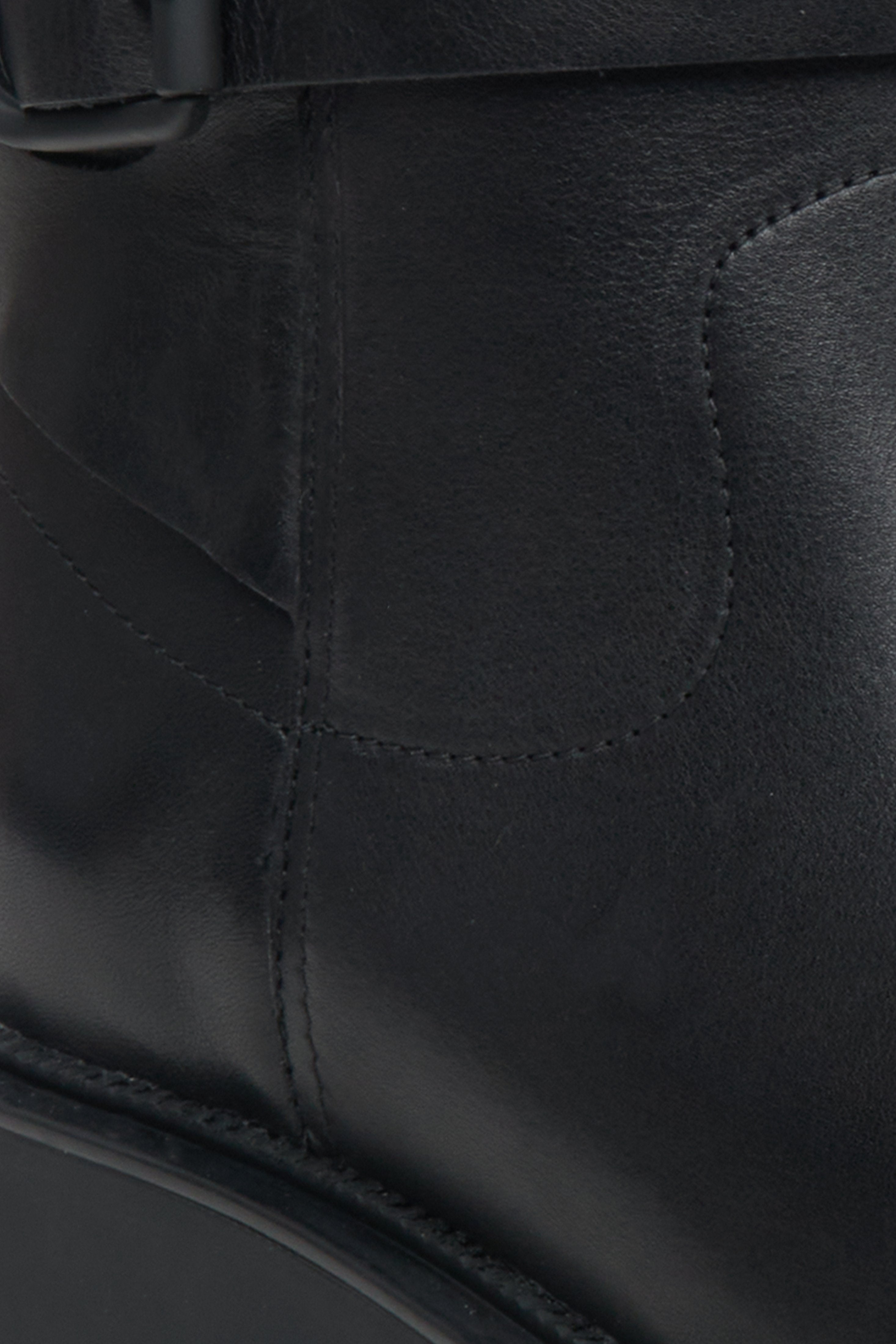 Women's black Estro  leather ankle boots with soft uppers - close-up on the details.