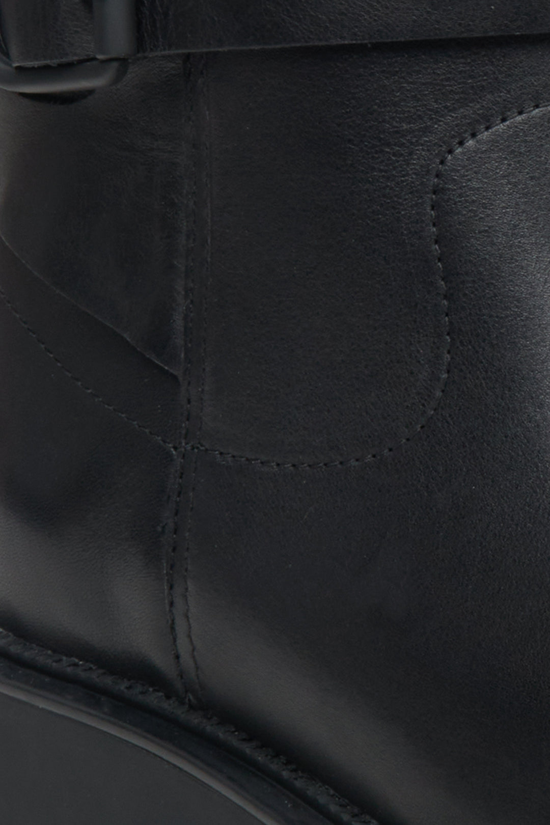 Women's black Estro  leather ankle boots with soft uppers - close-up on the details.