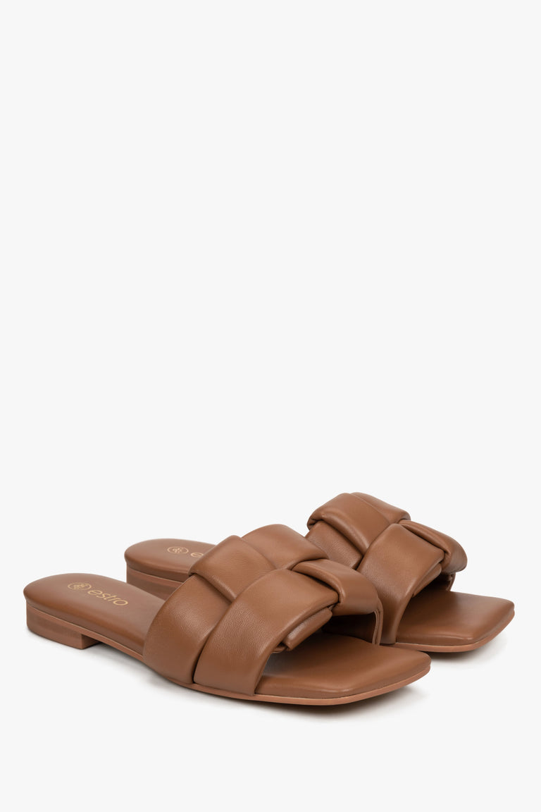 Women's brown leather flat slides by Estro.