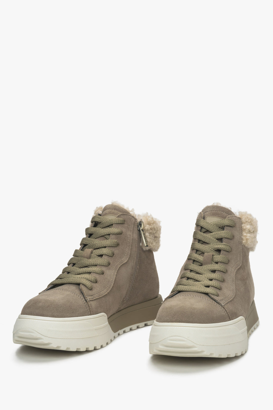 Green winter high-top sneakers for women by Estro, made from velour and fur - front view of the model.