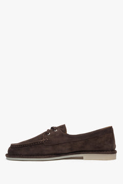 Stylish dark brown Estro women's loafers, made of soft velour and laced in a distinctive nautical style.