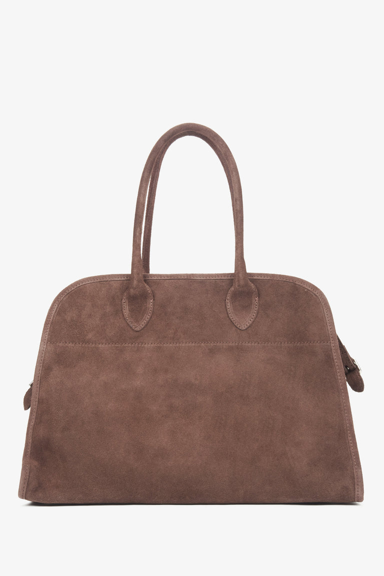 Dark brown women's satchel handbag crafted from premium Italian velour, from the Estro brand.