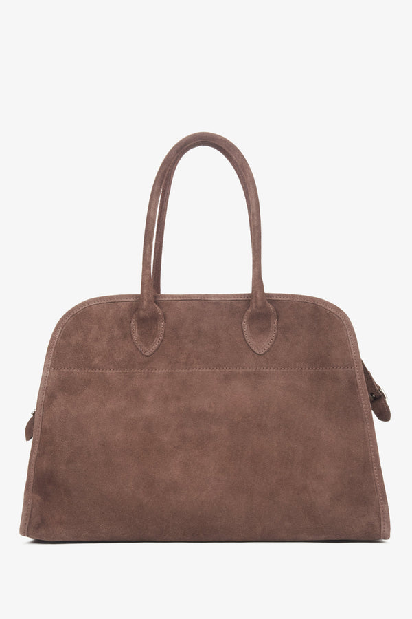 Dark brown women's satchel handbag crafted from premium Italian velour, from the Estro brand.