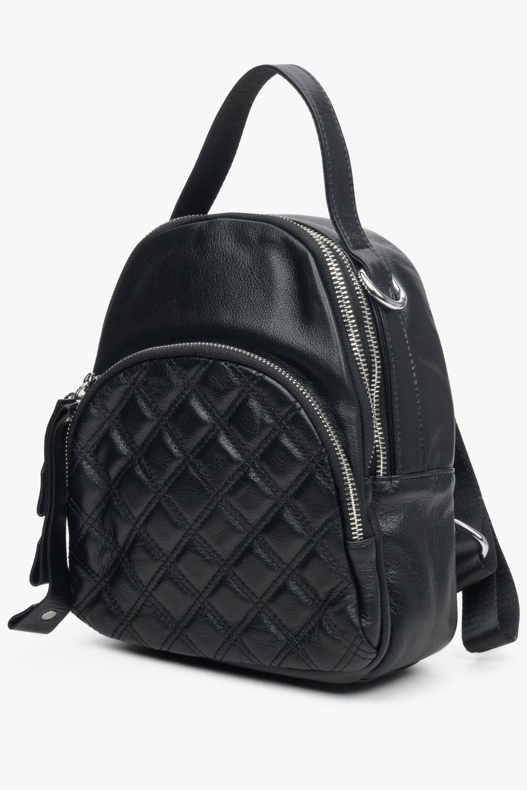 Small, urban women's black backpack by Estro - front view of the model.