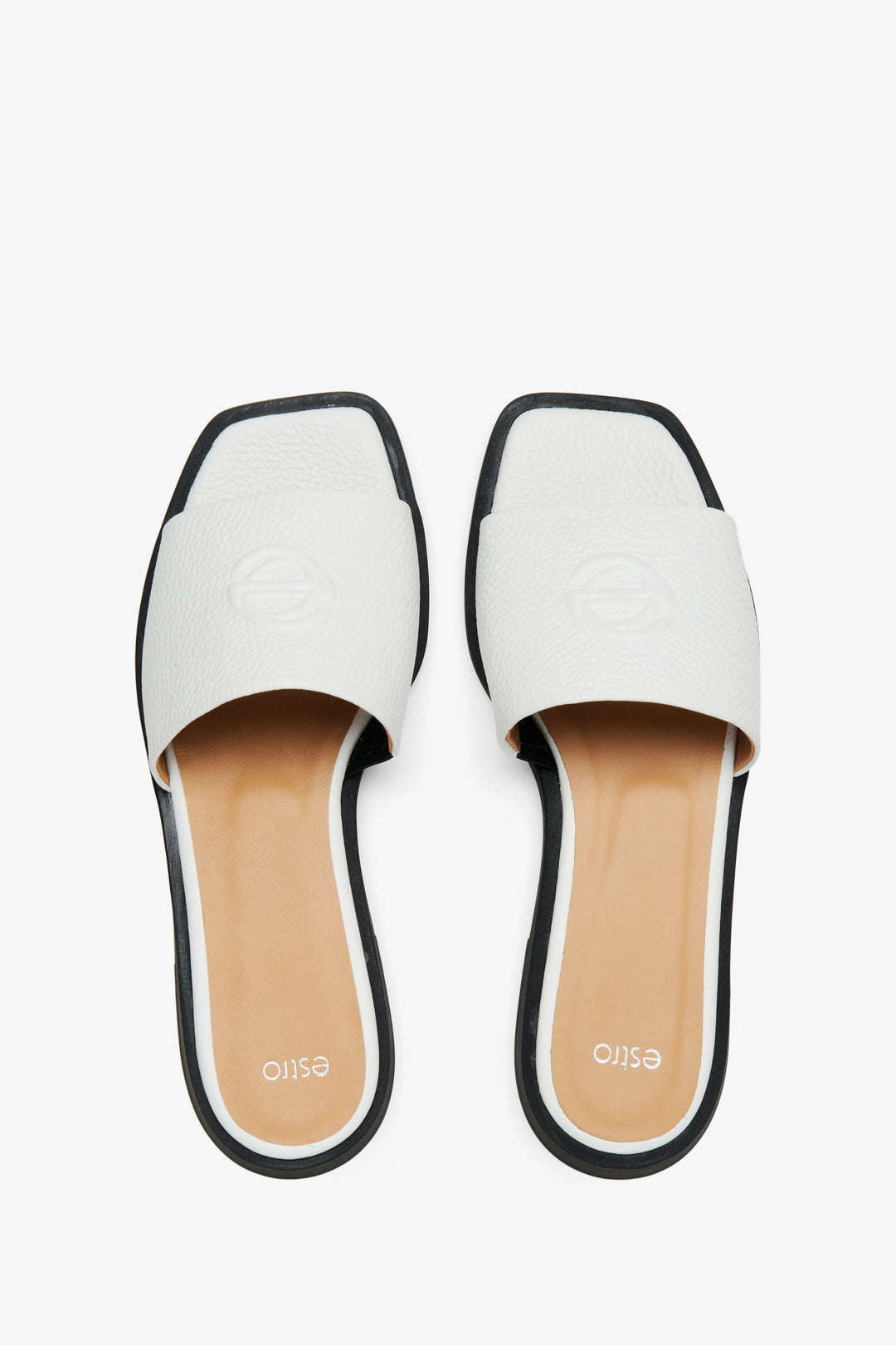 Women's white leather  flip-flops by Estro - top view presentation of the model.
