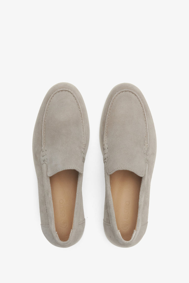 Feminine light grey velour loafers - presentation of the footwear from above.