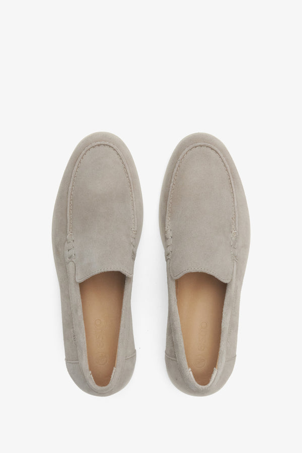 Feminine light grey velour loafers - presentation of the footwear from above.