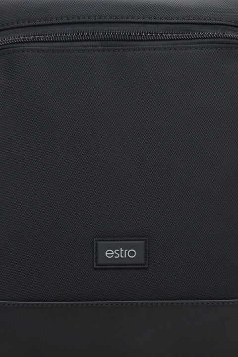 Men's black small messenger bag by Estro - close-up on details.