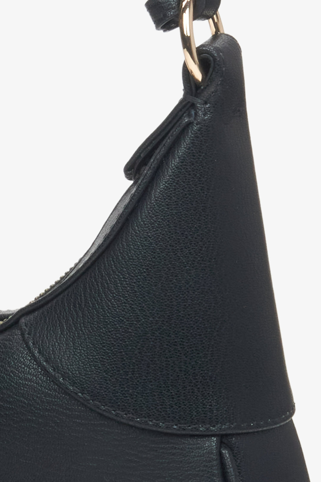 Women's black leather handbag - a close-up on details.