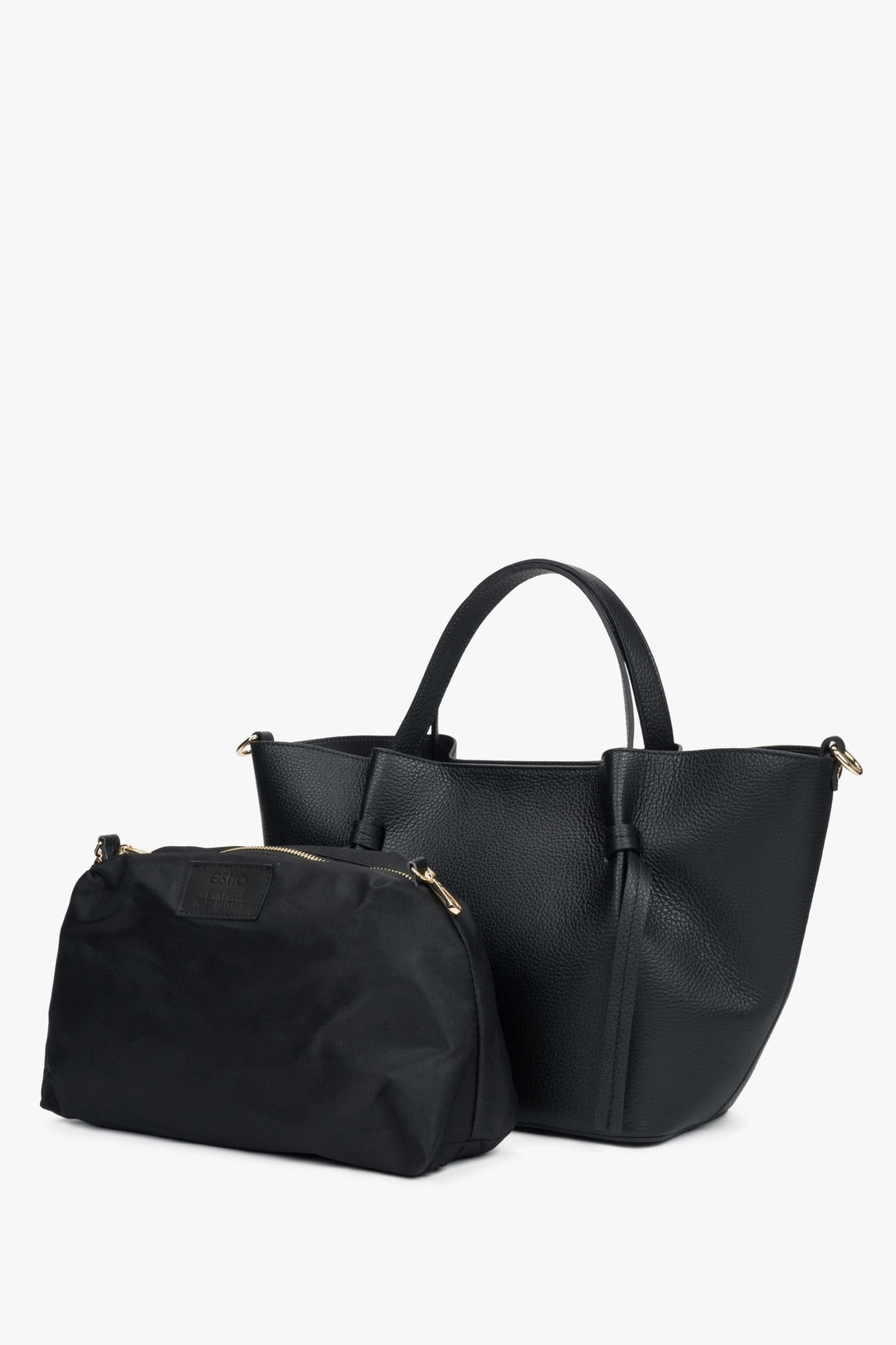 Women's black boat-shaped handbag made of Italian genuine leather with a removable cosmetic pouch.