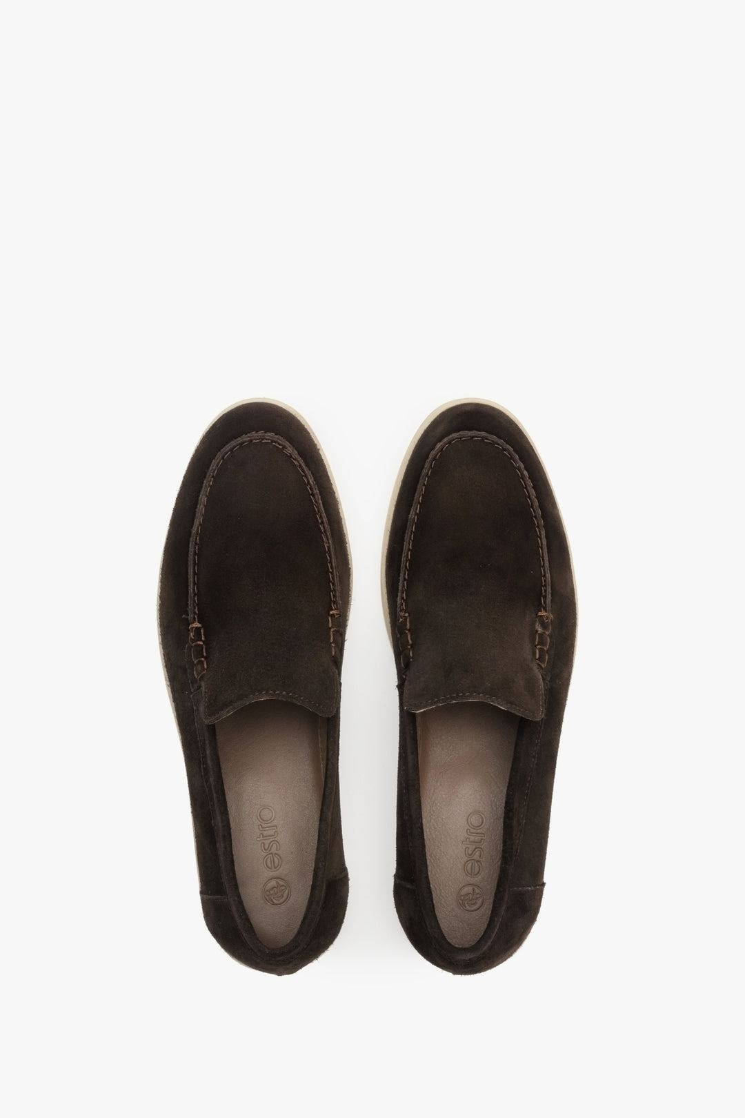 Women's suede loafers in saddle brown Estro - presentation of footwear from above.