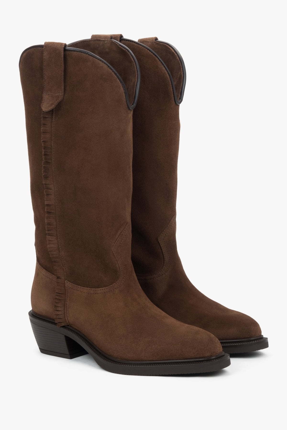 Women's brown high cowboy boots made of Premium Italian Genuine Velour.