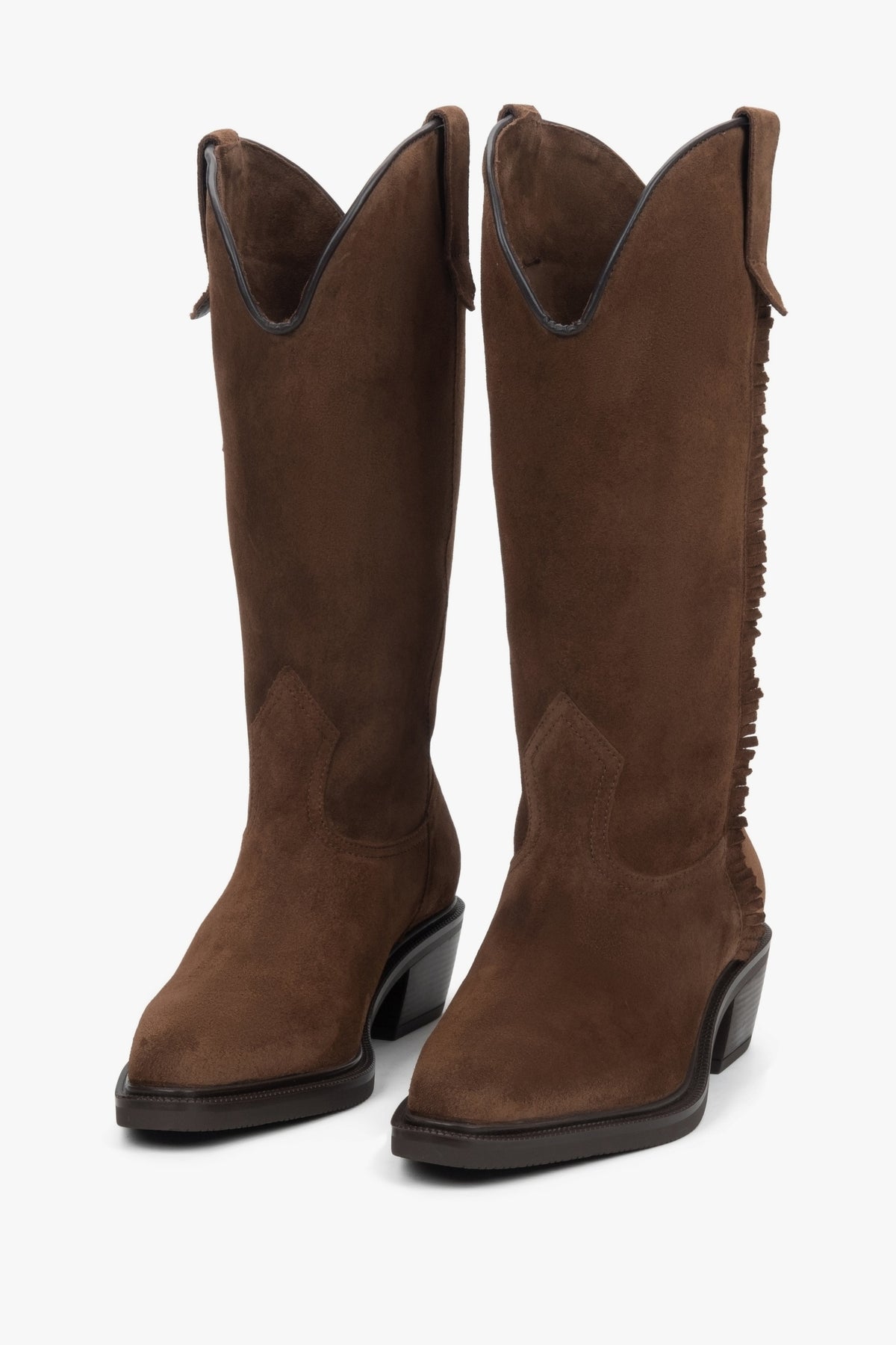 Women's brown high cowboy boots made of Premium Italian Genuine Velour Estro.