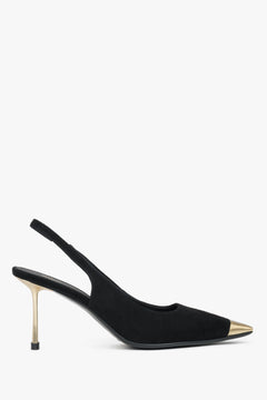 Women's black velvet slingback pumps with a stiletto heel and gold details.