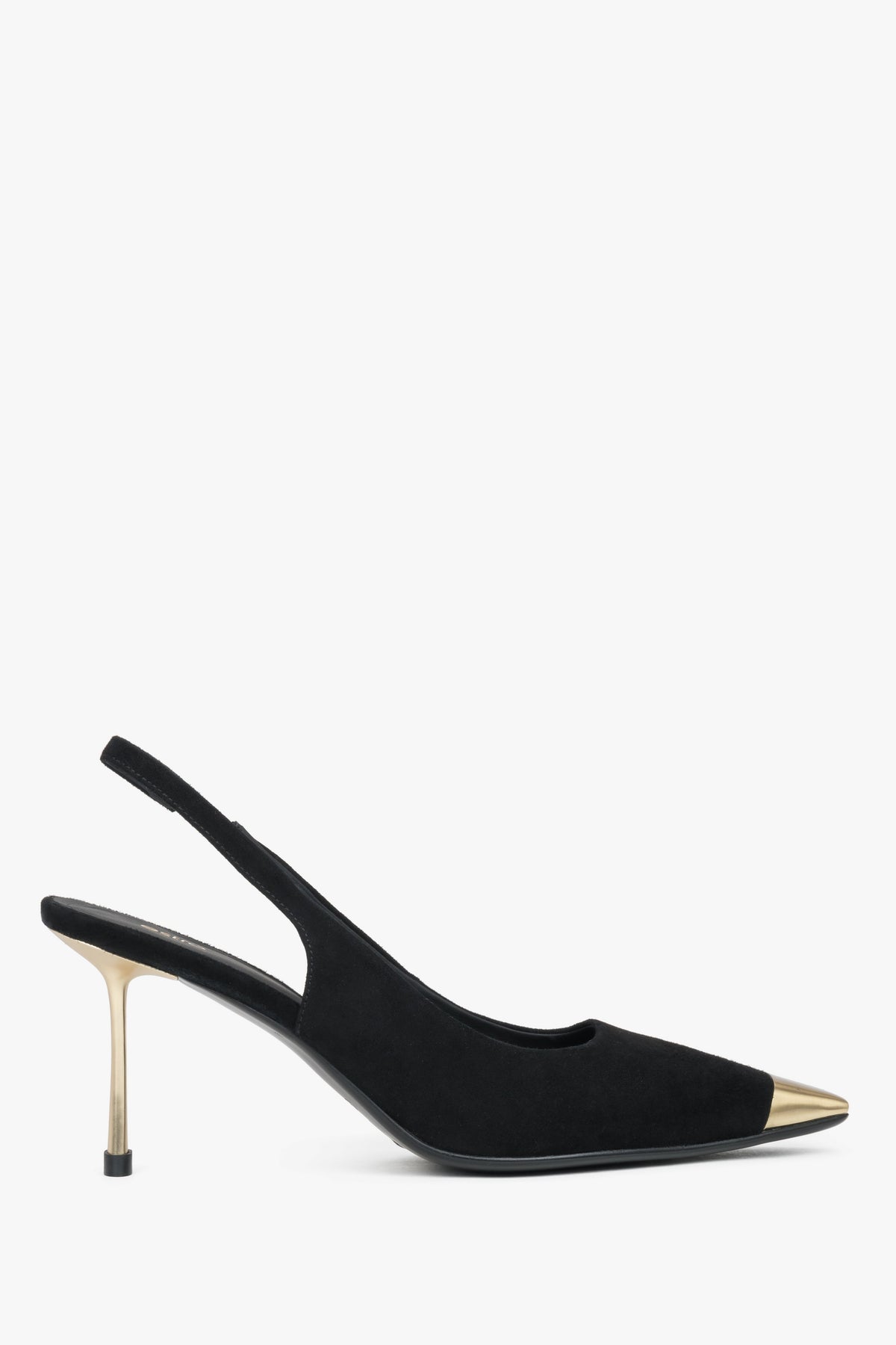 Women's black velvet slingback pumps with a stiletto heel and gold details.