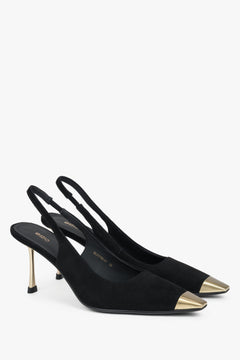 Women's black velvet slingback pumps with a stiletto heel and gold details from Estro.