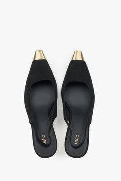 Women's black velvet slingback pumps with a stiletto heel and gold details from Estro.