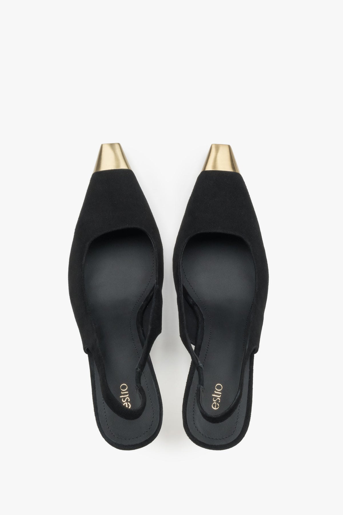Women's black velvet slingback pumps with a stiletto heel and gold details from Estro.