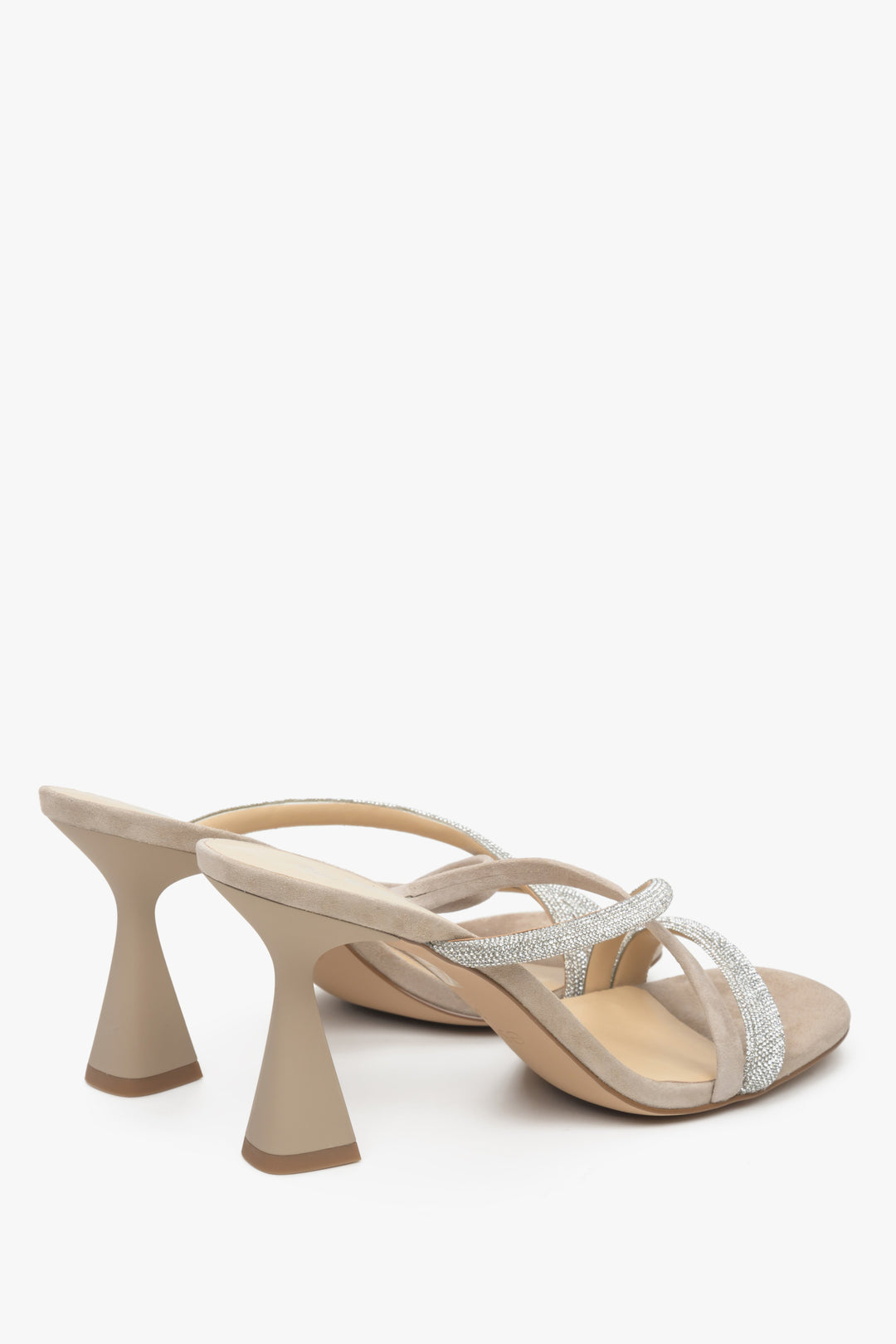Women's beige velour heeled sandals with zirconia, Estro brand.