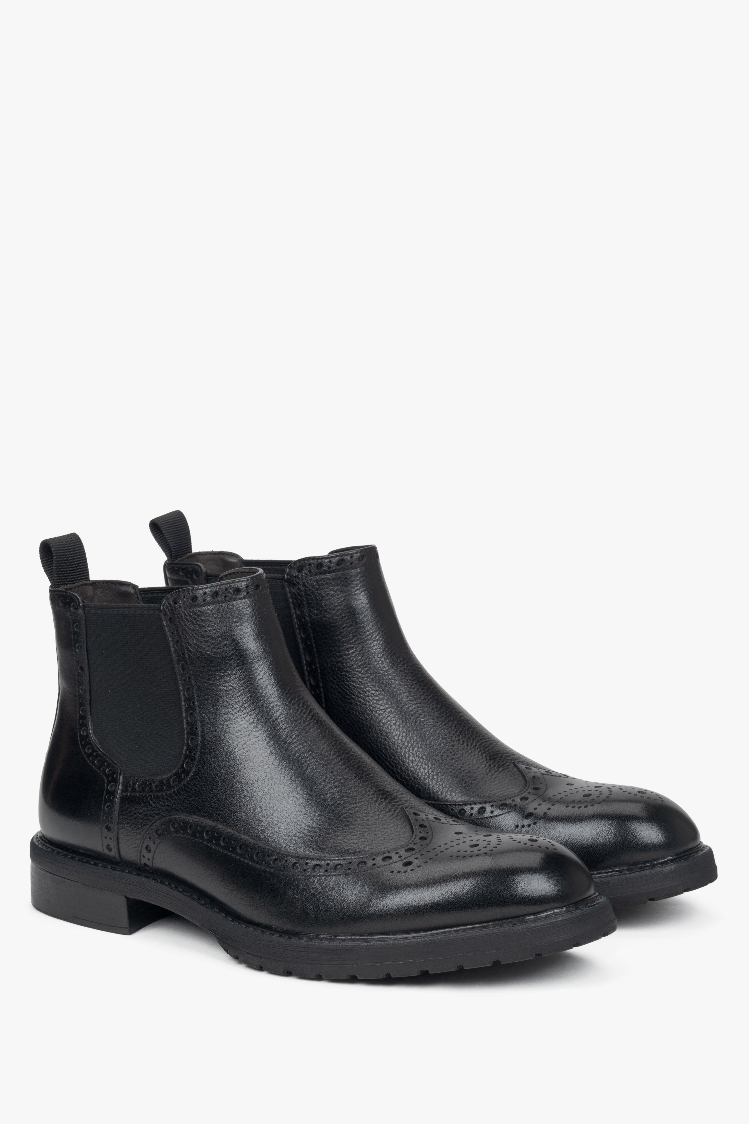 Men's black Chelsea boots made of genuine leather with folk perforation Estro.