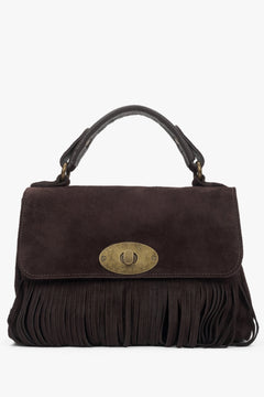 Women's Small Dark Brown Handbag made of Italian Genuine Velour with Fringes Estro ER00117426.