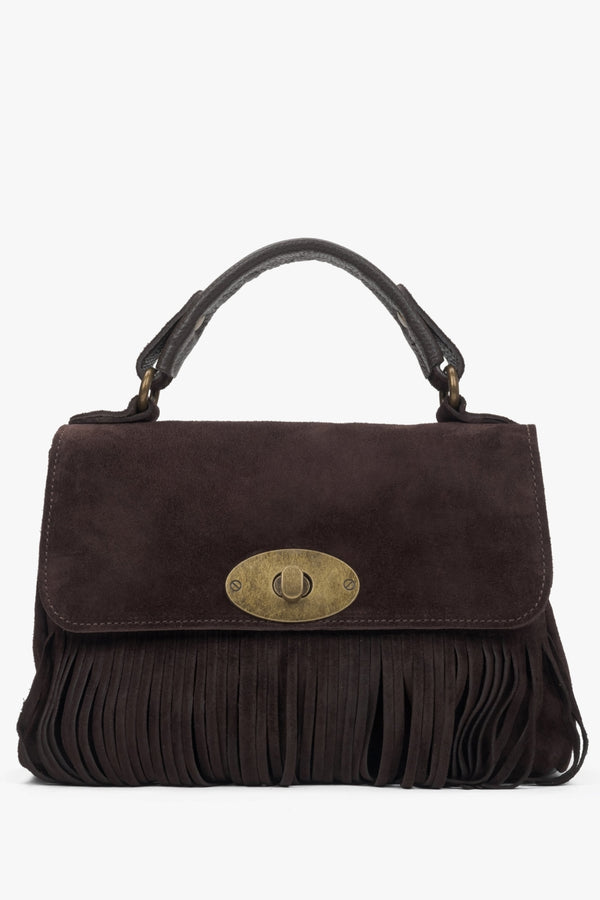 Women's Small Dark Brown Handbag made of Italian Genuine Velour with Fringes Estro ER00117426.