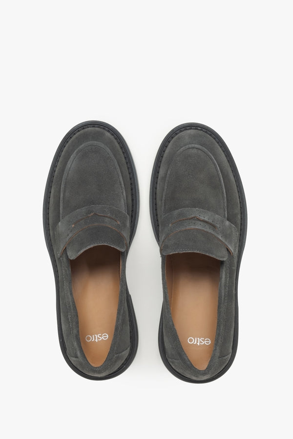 Grey velour women's loafers.