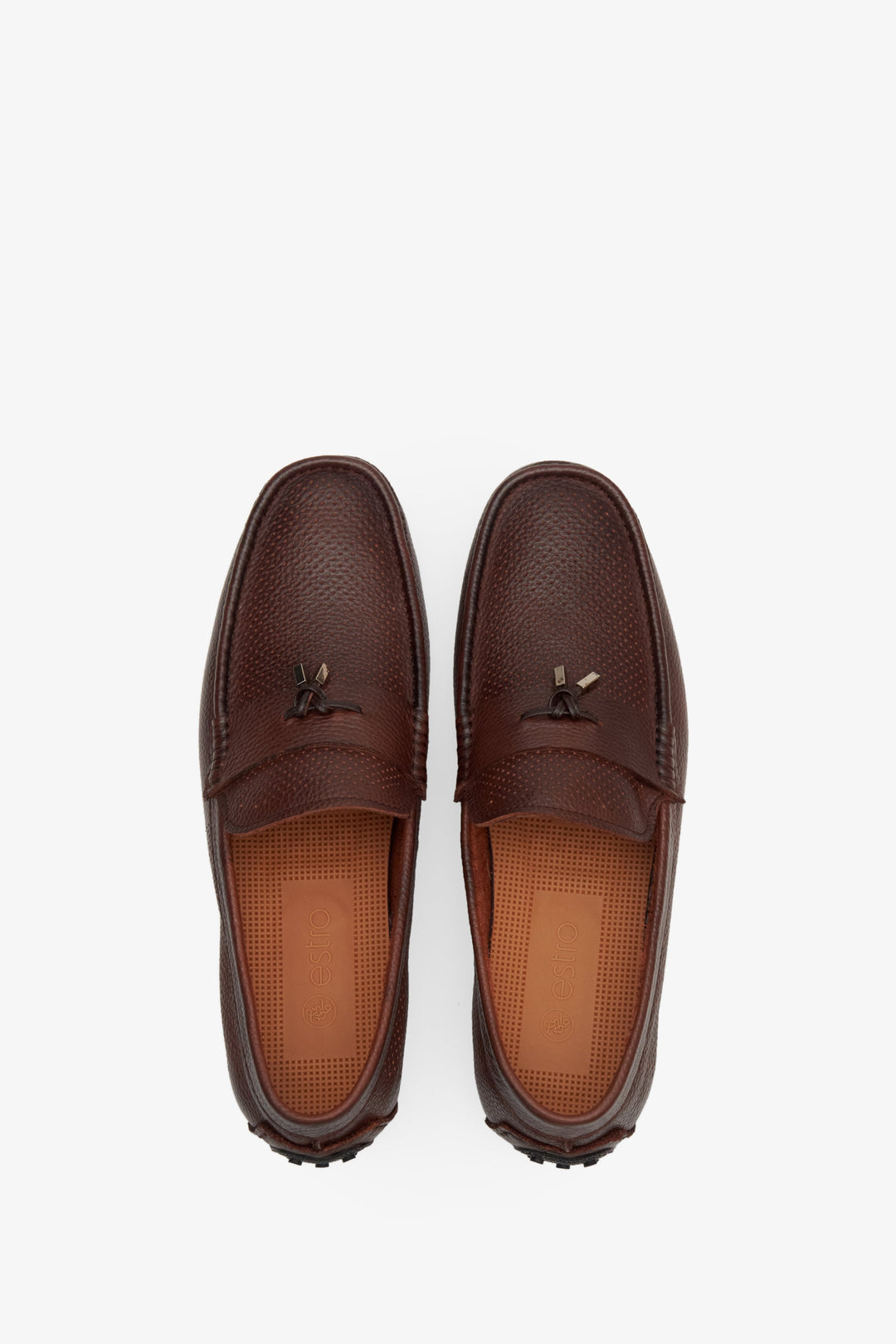 Men's brown leather loafers by Estro - top view shoe presentation.