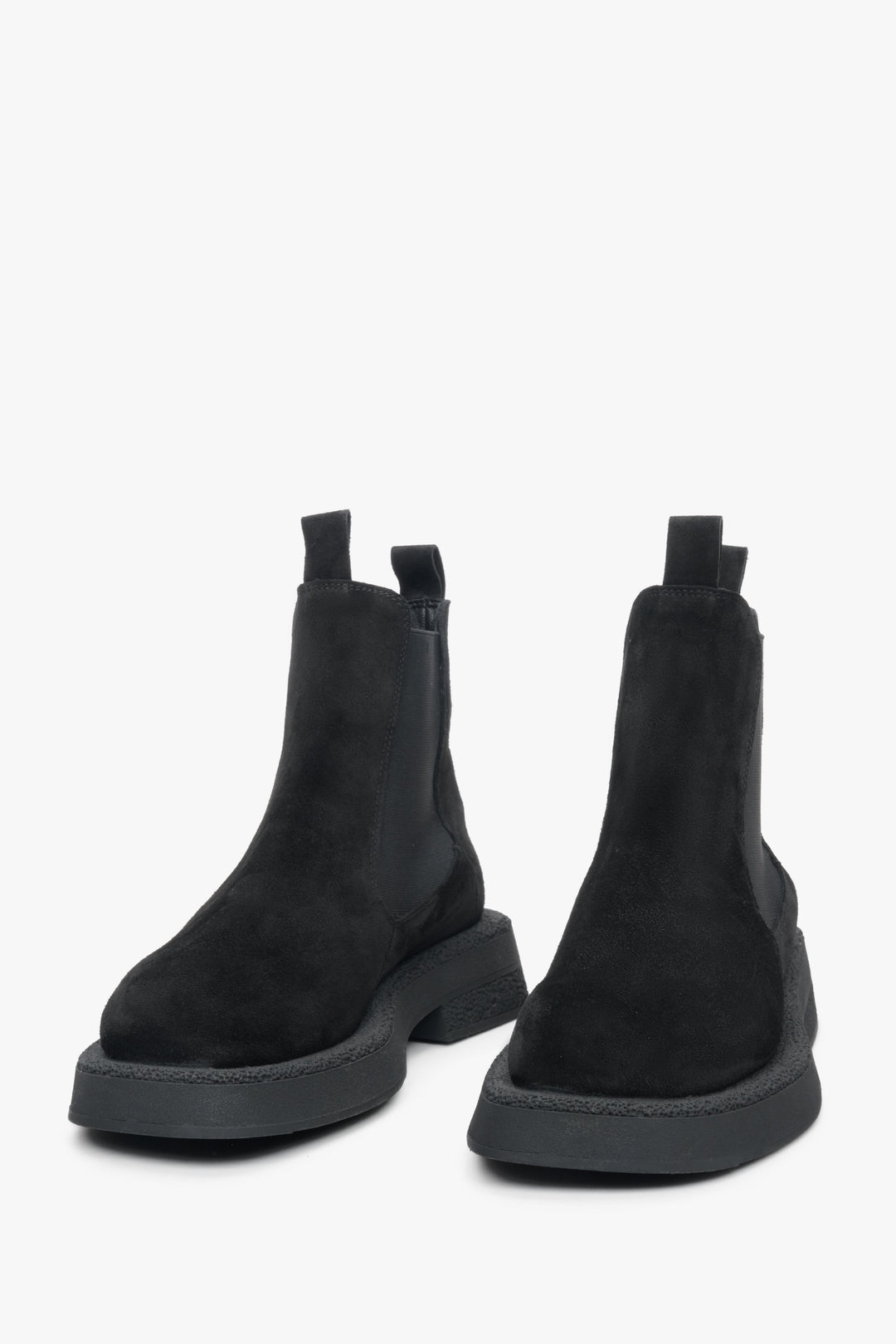 Women's black Chelsea boots made of genuine suede - a close-up on tip of the shoe.